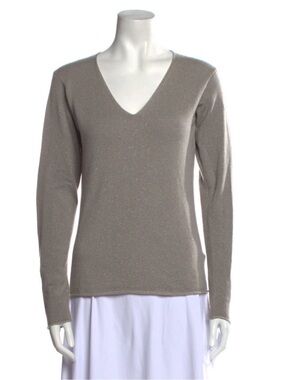 MASSIMO ALBA Women's Gray/Taupe w Gold Metallic V-Neck Long Sleeve Sweater. Sz M
